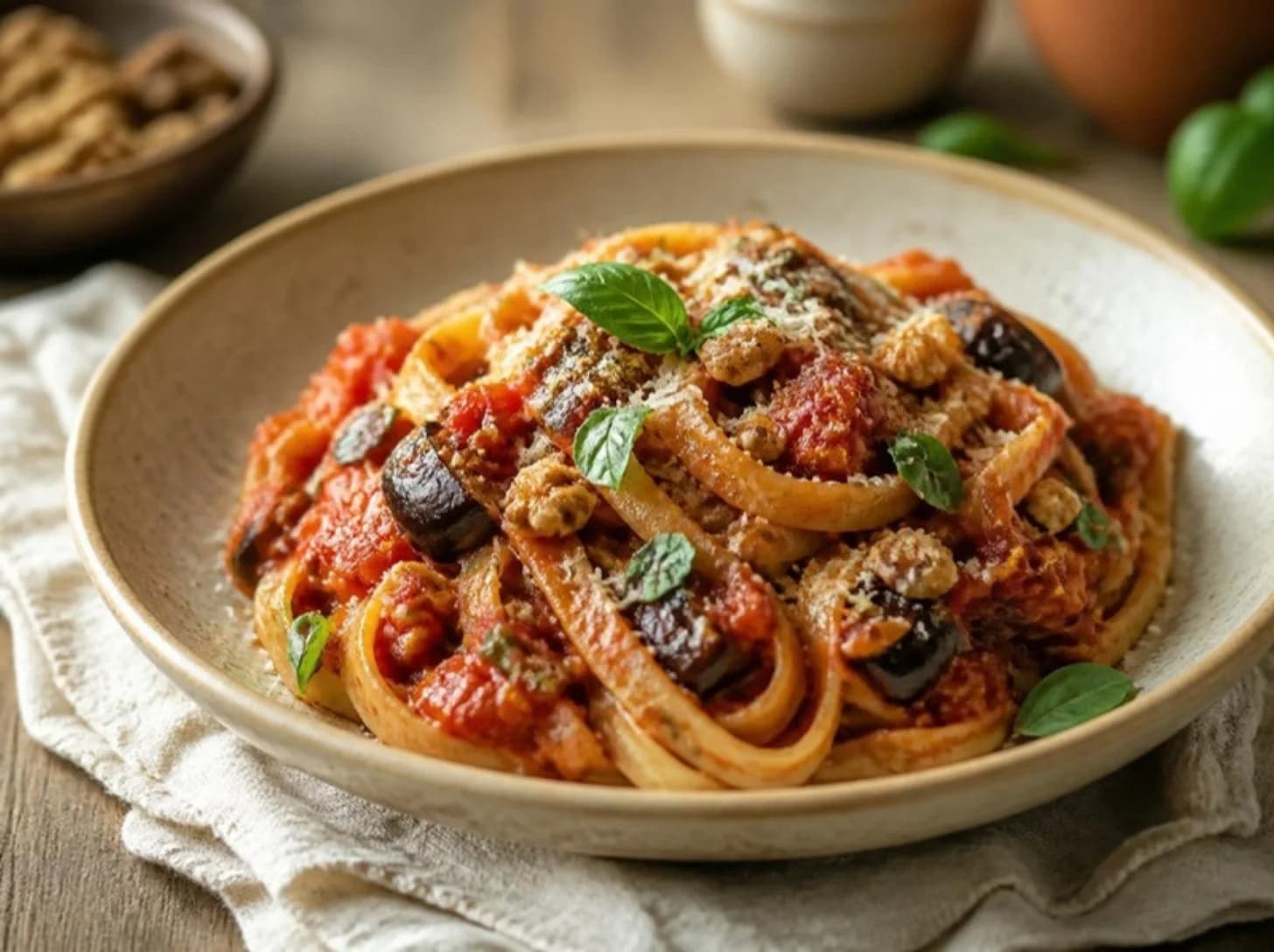 Fettuccine au ragoût d'aubergines et de noix