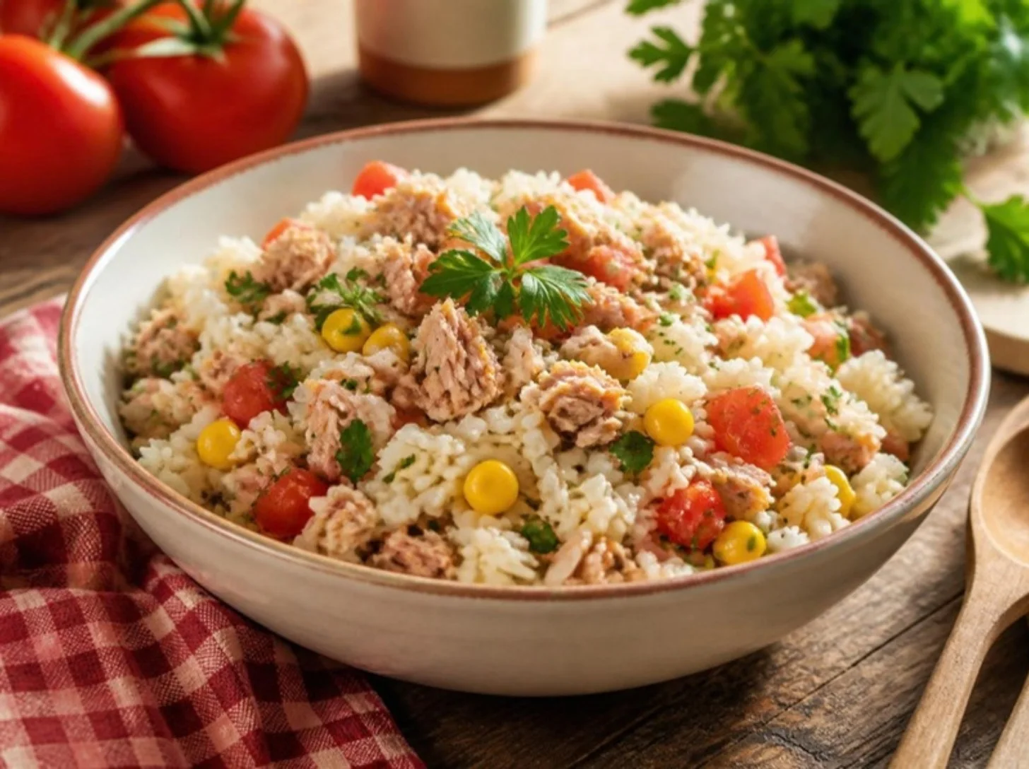 Salade de riz classique, thon, tomates et maïs
