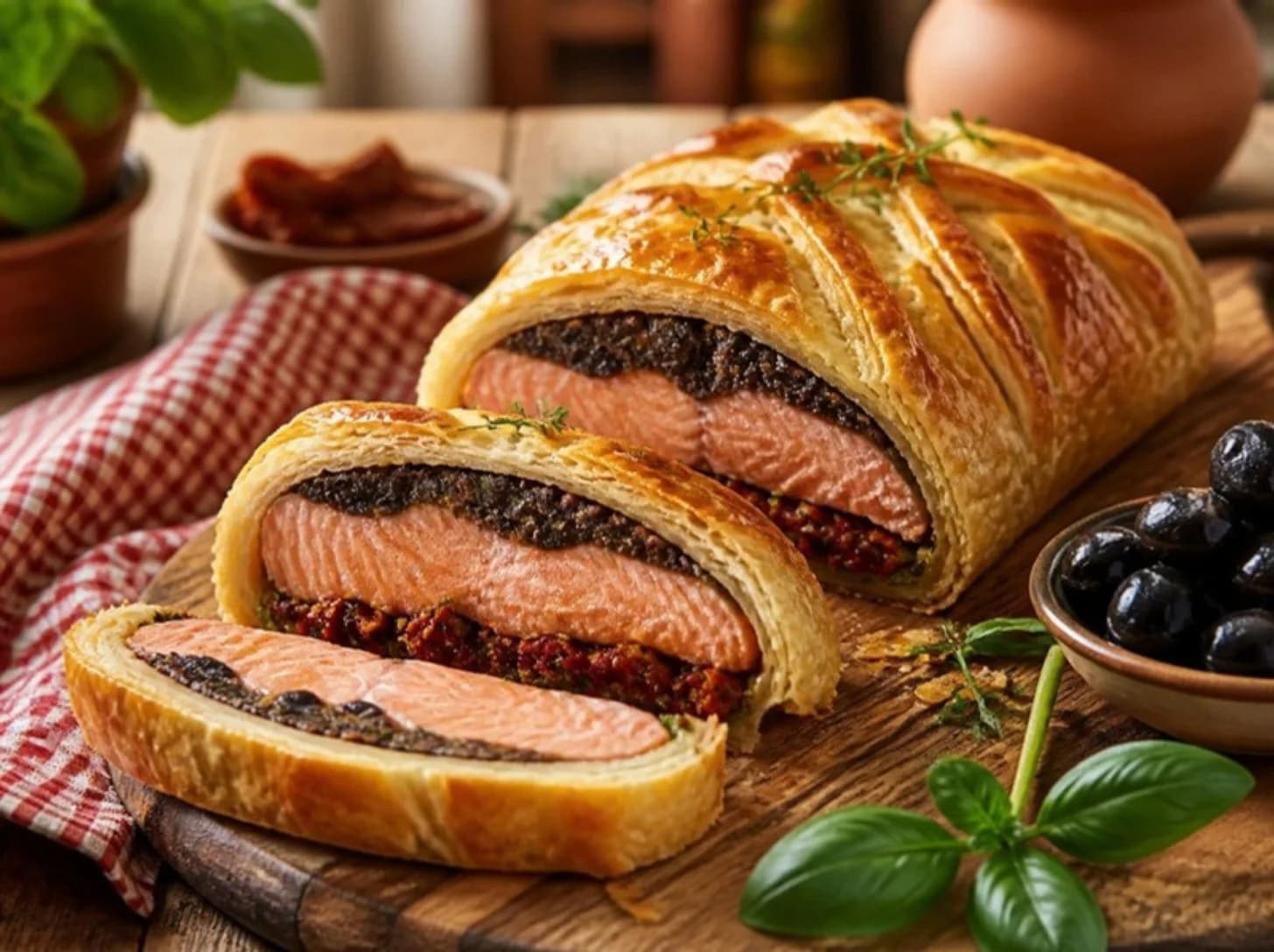 Saumon en croûte feuilletée, tapenade et tomates séchées
