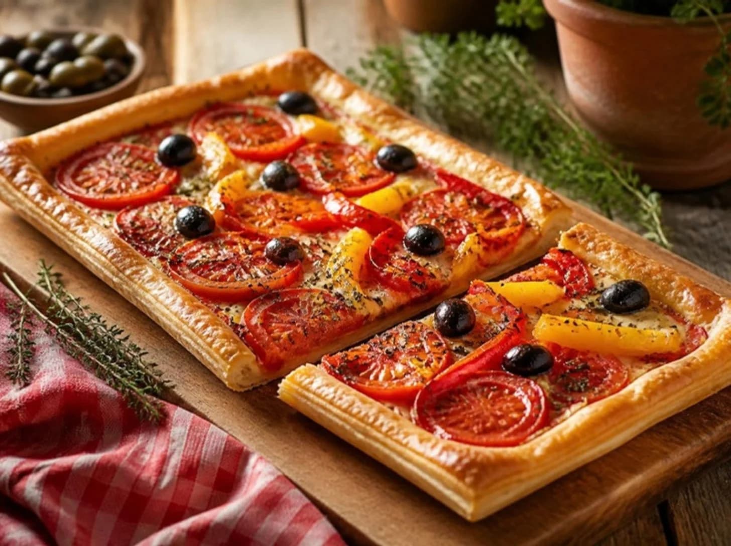 Tarte fine tomates, poivrons et olives noires